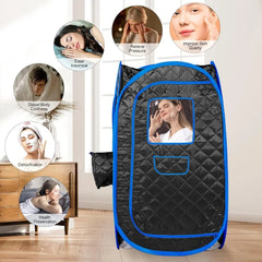 A portable black and blue infrared facial steam bath tent shown in a room setting, with circular inset images demonstrating its benefits such as relaxing the eyes, relieving pressure, improving skin quality, detoxification, and health preservation.