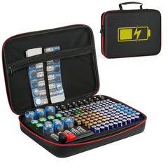 An open black battery storage case with red trim, filled with assorted batteries and small battery packs, shown alongside a smaller closed view of the case on a white background.