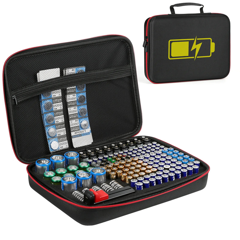 An open black battery storage case with red trim, filled with assorted batteries and small battery packs, shown alongside a smaller closed view of the case on a white background.