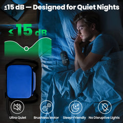 An advertisement for a sleep-depriving noise machine. The image shows a man sleeping soundly in bed under blue covers, with a close-up of the blue and black device on the left, a green sound wave graphic, and text overlays including 'Ultra Quiet', 'Brushless Motor', 'Sleep-Friendly', and 'No Disruptive Lights'.