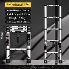 A silver telescopic straight ladder shown in both folded and extended states on a dark studio background, with text overlays listing dimensions, weight, and packing size.