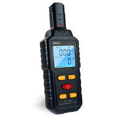 Digital EMF meter with a display and multiple buttons on a white background