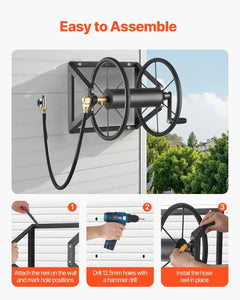 Wall Mounted Garden Hose Reel, Holds 200 ft 5/8-inch Manual Water Hose Winder, Heavy-Duty Steel, Outdoor Reel with Brass Fitting