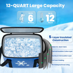 Blue insulated cooler bag with ice cubes, showing its capacity and features.