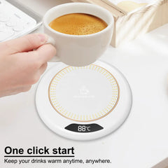 White mug with coffee being held over a digital warmer displaying 88°C, with text 'One click start' and 'Keep your drinks warm anytime, anywhere.'.