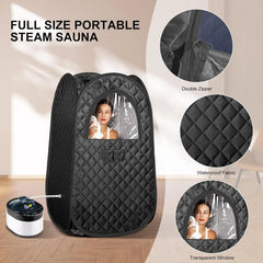 Black portable steam sauna with features highlighted on a beige background
