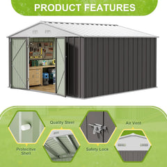 Metal storage shed with open door showing interior, featuring product features on a green background.