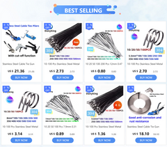 A promotional grid showing six different stainless steel cable tie products with images, specifications, prices, and 'BUY NOW' buttons under a 'BEST SELLING' header.
