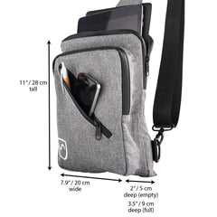 Gray sling bag with measurements on a white background