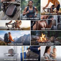 A 3x3 collage of lifestyle and feature panels showcasing a portable waterproof speaker. The panels feature text overlays highlighting features such as 'IPX7 WATERPROOF', 'BLUETOOTH 5.