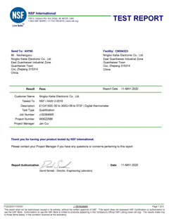 Test report from NSF International with test details and certification information.