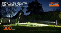 A tactical flashlight beam illuminating a grassy field at night, with trees in the background. Text overlays highlight its long 380-meter range and T35 ACESBEAM technology.