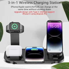 3-in-1 wireless charging station with smartphone, Apple watch, and AirPods on a white background.