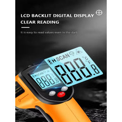 Digital thermometer with LCD backlit display on a dark background