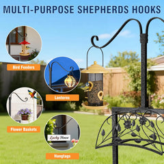 Multi-purpose shepherds hook with various applications including bird feeders, lanterns, flower baskets, and hangtags in a garden setting.