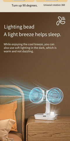 Tabletop fan with soft lighting feature on a bedside table.