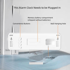 Diagram of an alarm clock with labeled parts on a white background