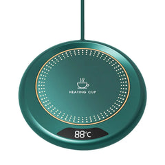 Green heating cup pad with digital display on a white background