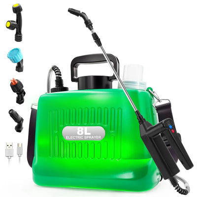 Green 8L electric sprayer pump with black handle and wand attachment, shown on a white background with multiple nozzle attachments and a USB charging cable displayed alongside.