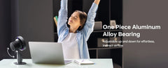 A woman stretching with her arms raised above her head at a desk with a laptop and a black camera or microphone on a stand. Text on the right reads 'One Piece Aluminum Alloy Bearing' with smaller descriptive copy.