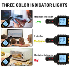Radiation detector with three color indicator lights showing low, moderate, and high levels.