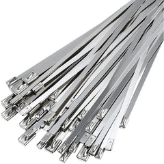 Stack of metal cable ties on a white background