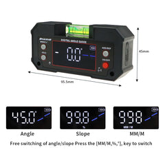 Digital angle gauge with measurement display and dimensions on a white background