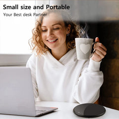 Woman holding a mug with a heart design, sitting at a desk with a laptop, with text 'Small size and Portable Your Best desk Partner'.