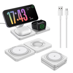 Wireless charging station with smartphone, smartwatch, and cables on a white background