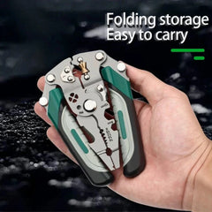 Multitool with pliers and screwdrivers held in a hand, with text 'Folding storage Easy to carry' on a dark background.