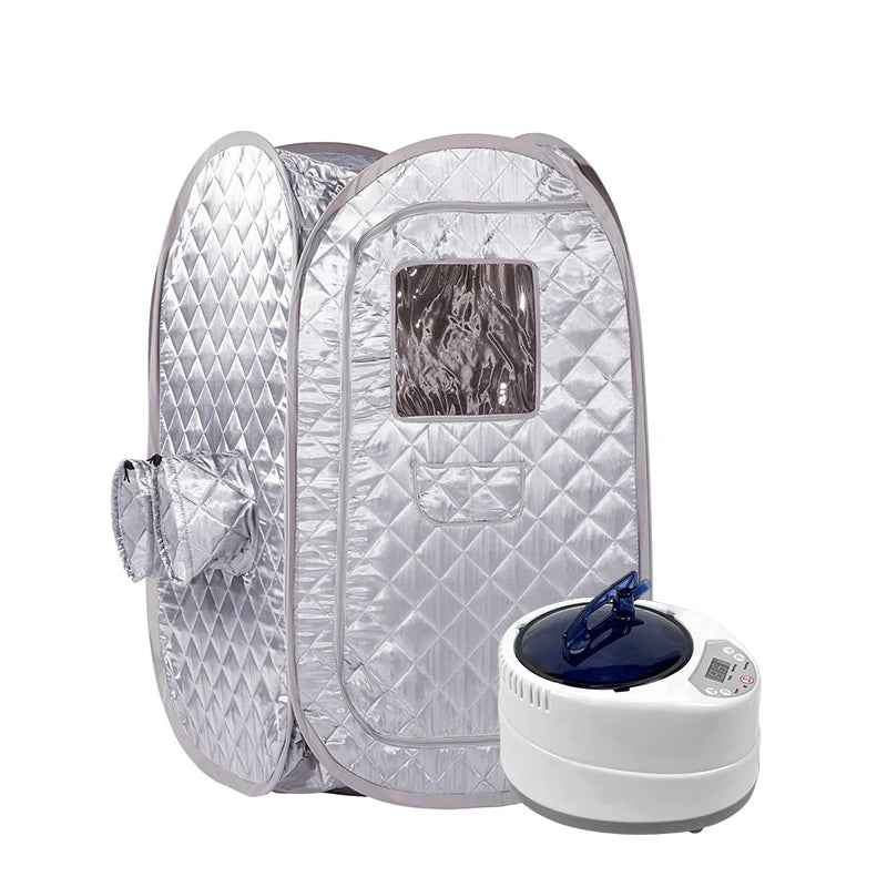 Portable steam sauna with quilted design on a white background
