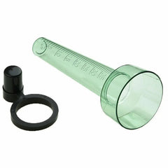Green plastic cone-shaped tool with black components on a white background
