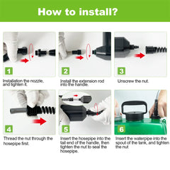 Instruction diagram titled 'How to install?' showing six numbered steps with hand-and-glove close-ups of connecting hosepipe fittings to a green pump tank, with red arrows indicating direction.