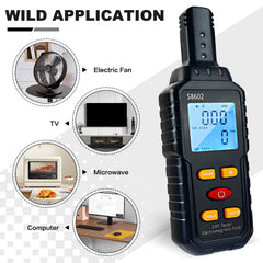 EMF meter with digital display and buttons, surrounded by icons of electronic devices.