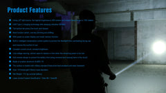 Person holding a flashlight in a dark room with product features displayed on screen.