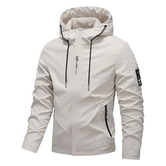 Light gray hooded jacket with black zippers on a white background