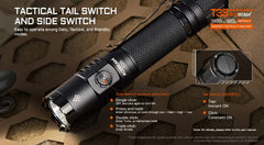 A tactical flashlight with a textured black body and silver front lens, shown on a tan tactical-style background with text explaining side and tail switch operations. The image includes a small inset showing the tail switch detail and branding for T350 by BEAM.