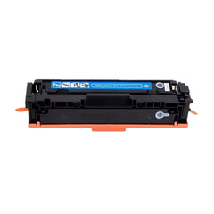 A black toner printer cartridge with orange plastic end pieces and a blue label, shown on a plain white background.