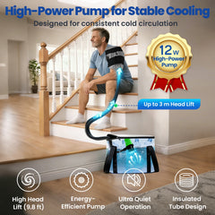 A man sitting on indoor stairs uses a portable insulated cooling bag with a curved tube connected to a wall pump in a home setting. The image includes marketing text and icons highlighting features such as high head lift, energy-efficient pump, ultra quiet operation, and insulated tube design.