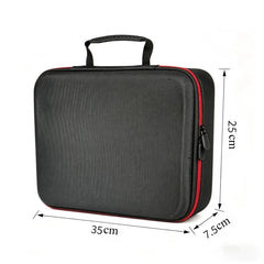 Black hard-shell carrying case with red zipper trim and a top handle, shown on a white background with dimension labels indicating 35 cm width, 25 cm height, and 7.5 cm depth.