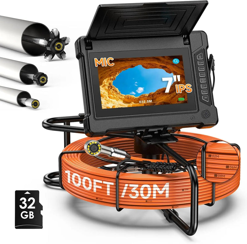 A 7-inch underwater camera monitor with a coiled orange cable, shown with three camera lens tips and a 32GB memory card on a white background.