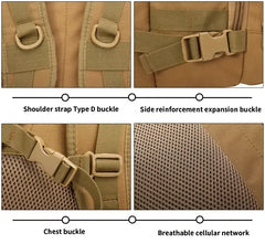 Four-panel close-up detail of a tan tactical backpack showing the shoulder strap D buckle, side reinforcement expansion buckle, chest buckle, and breathable cellular network fabric, with labels underneath.