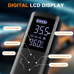 Digital tire pressure monitor with LCD display and labeled functions on a blurred background