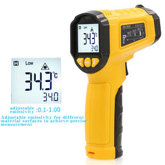 Yellow and black infrared thermometer on a white background