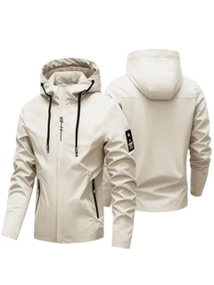 A light beige hooded jacket shown from both the front and back views against a plain white background. The jacket features black drawstrings, zippered pockets, and a small black logo patch on the sleeve.