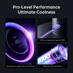 Product features with LED display, 18W fast charging, and 8000mAh battery on a black background.