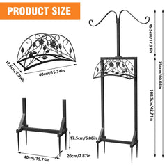 Dimensions of a decorative metal stand with leaf design on a white background