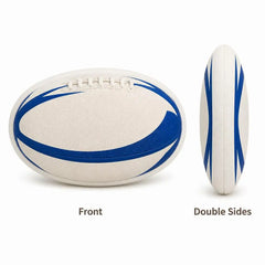 A white rugby ball with blue stripes, shown from the front and double sides views on a white background with text labels.