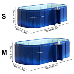 Two blue inflatable pools with measurements indicated on a white background