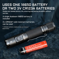 Acebeam flashlight with 18650 battery and CR123A batteries on a dark background